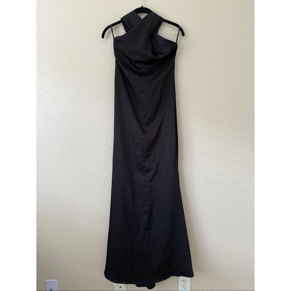 Club L London Unbeatable Satin Cross Over Halter-Neck Maxi Dress in Black - Picture 3 of 7